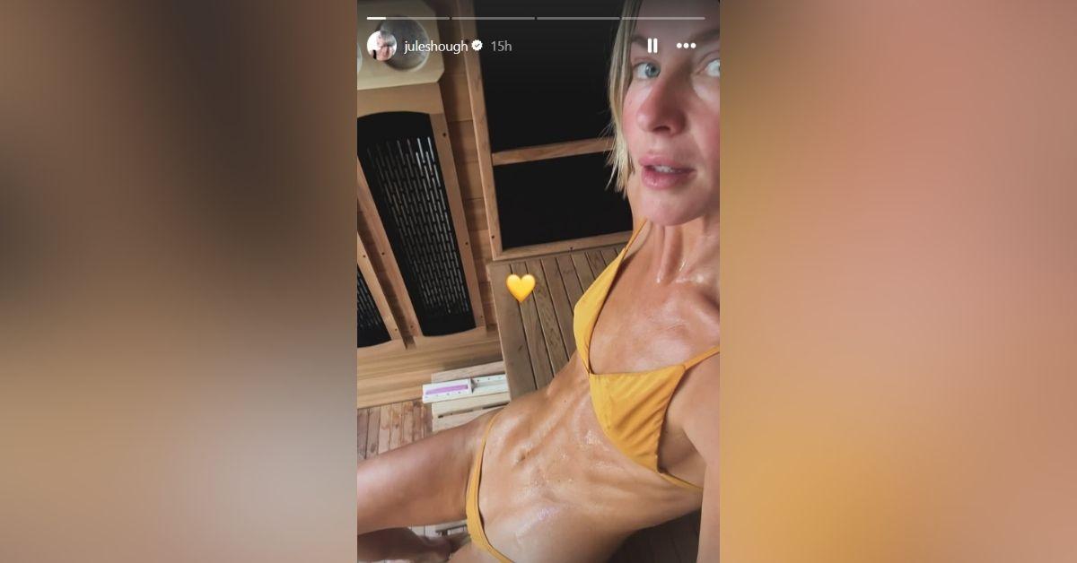 image of Julianne Hough shared a sauna selfie while wearing a tiny yellow G-string bikini.