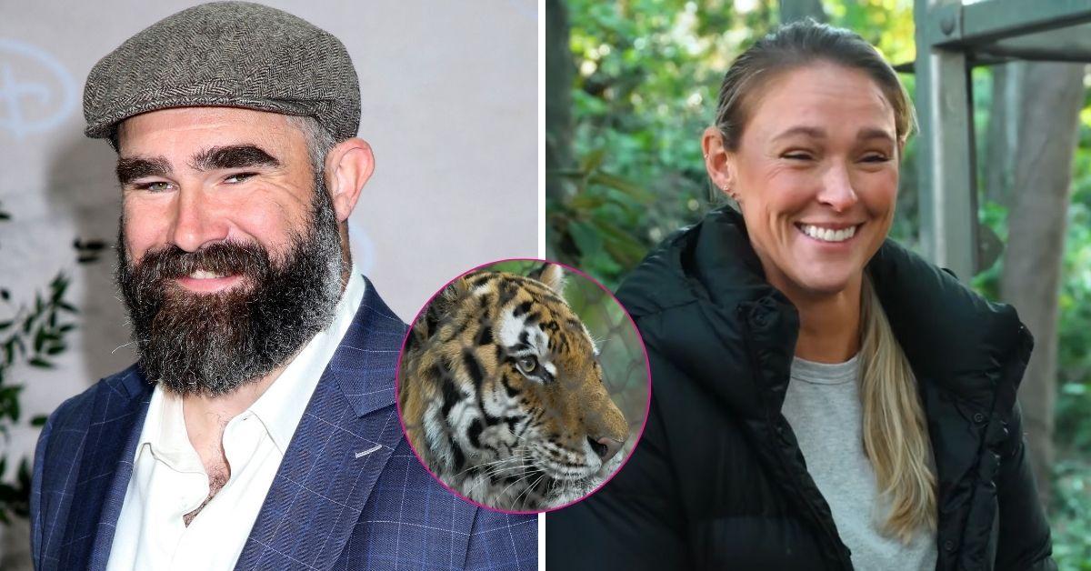 split photo of kylie kelce and jason kelce and a tiger