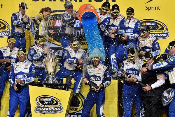 The Hendrick Motorsports team celebrates Jimmie Johnson’s record tying seventh NASCAR Sprint Cup Championship with a Gatorade Dunk, Sunday, November 20, at Homestead Miami Speedway in Homestead, Fla. (Nigel Kinrade Photography)