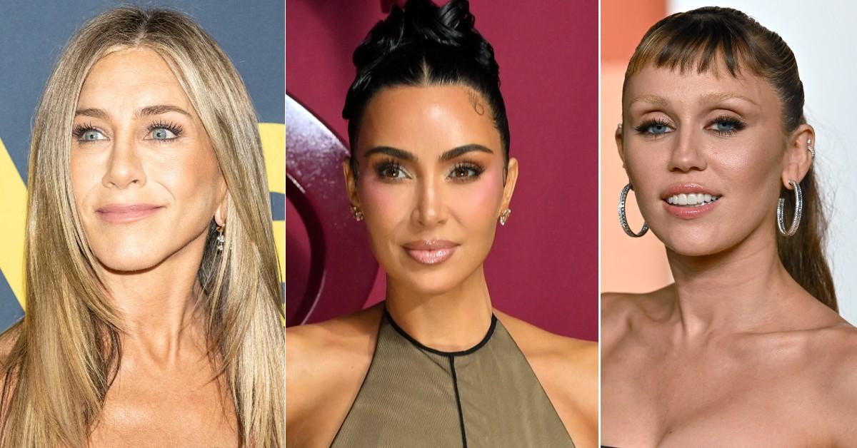 (L-R) Jennifer Aniston, Kim Kardashian & Miley Cyrus.