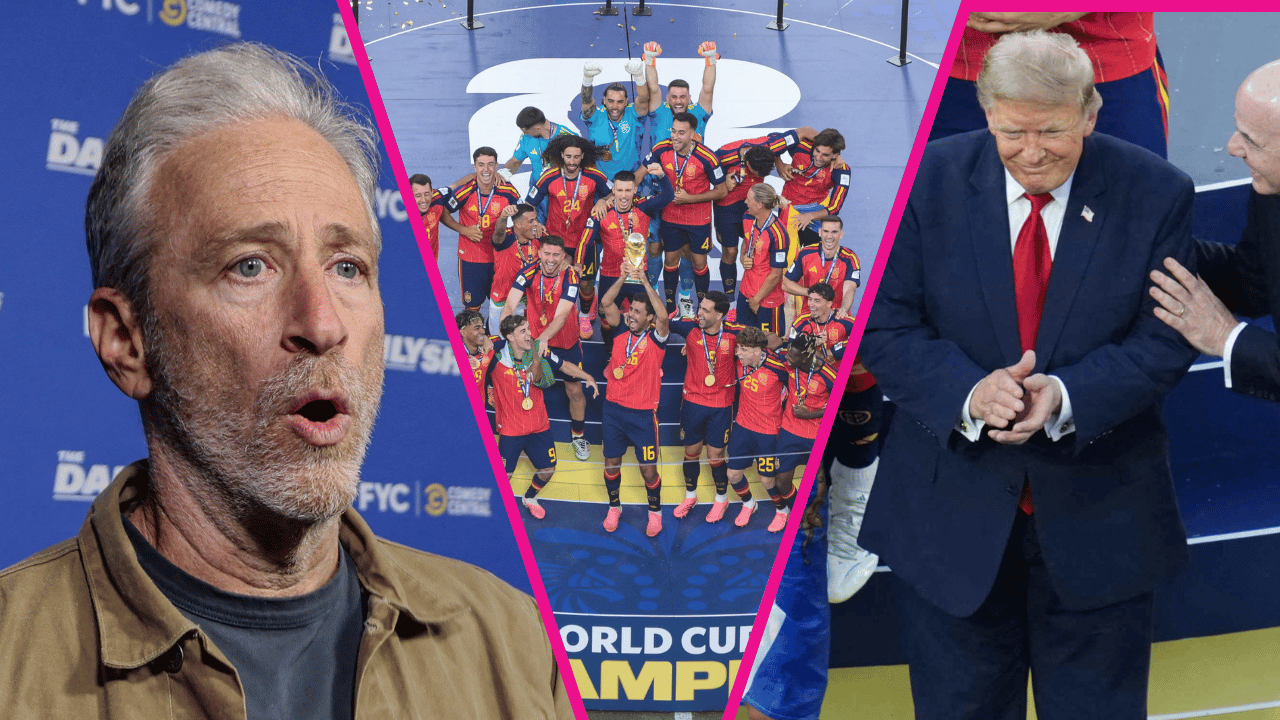 Composite photo of Jon Stewart, Donald Trump and World Cup.