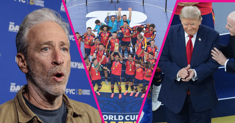 Composite photo of Jon Stewart, Donald Trump and World Cup.