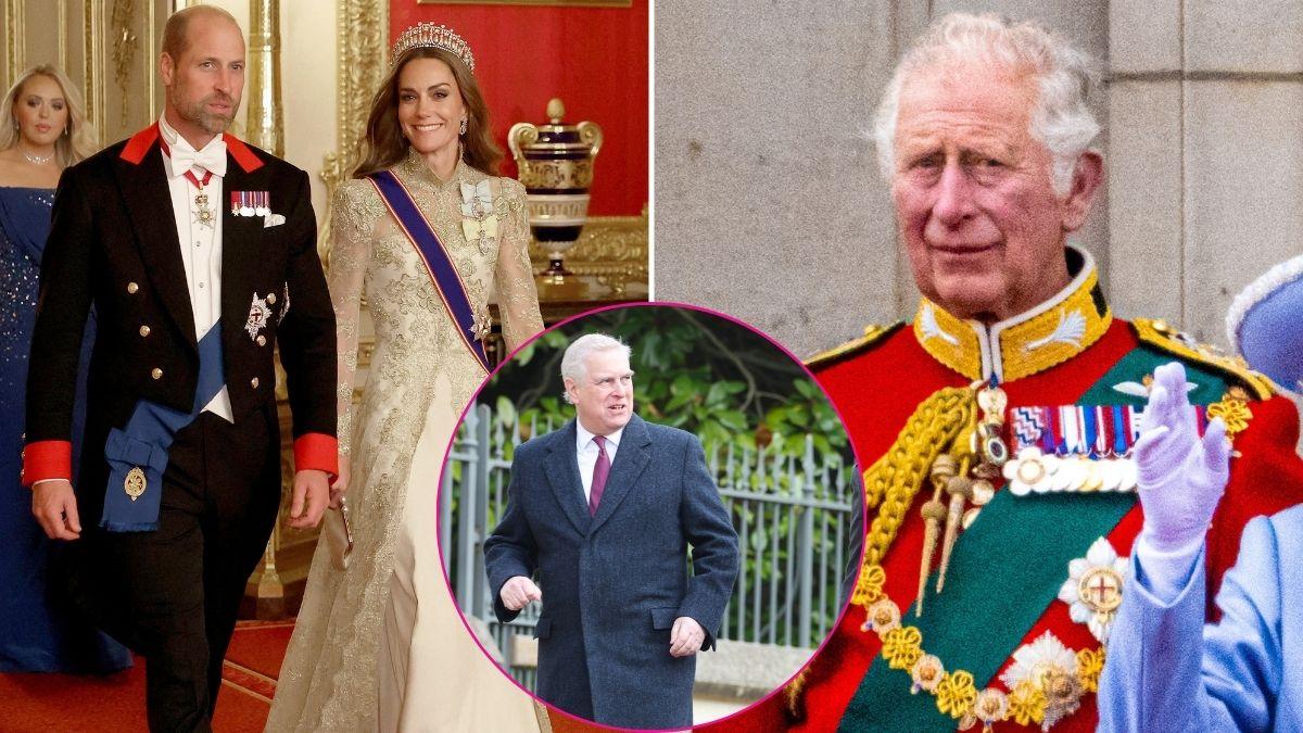 image split of King Charles , Prince William Kate Middleton and inset of prince Andrew