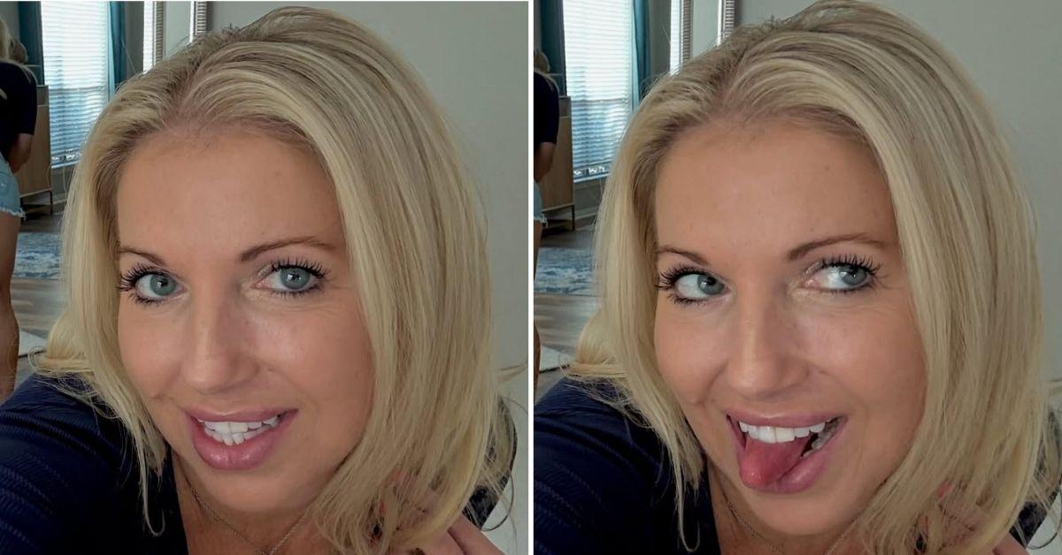 Courtney Ann poses for two selfies indoors. In the first, she smiles at the camera with her blonde hair framing her face; in the second, she playfully sticks her tongue out.