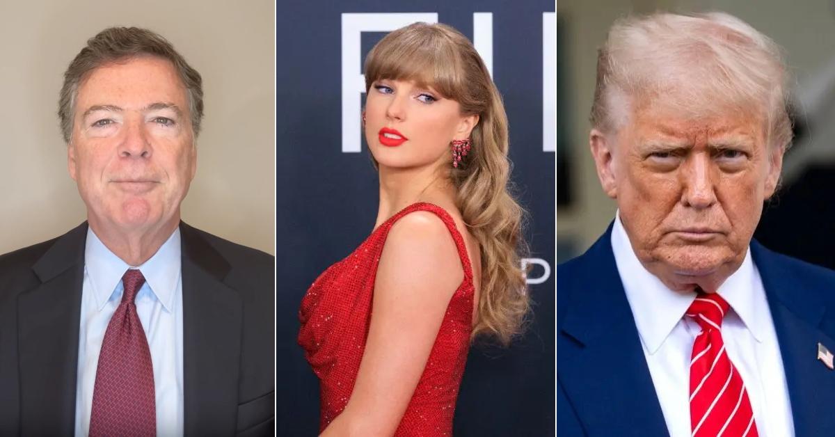 Split photo of James Comey, Taylor Swift and Donald Trump. 