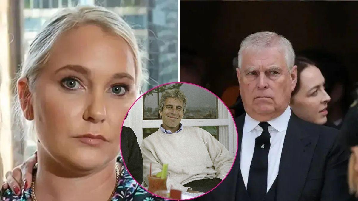 image split of prince Andrew and Virginia Roberts and inset of Jeffrey epstein