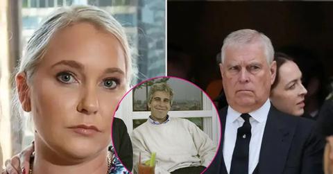 image split of prince Andrew and Virginia Roberts and inset of Jeffrey epstein