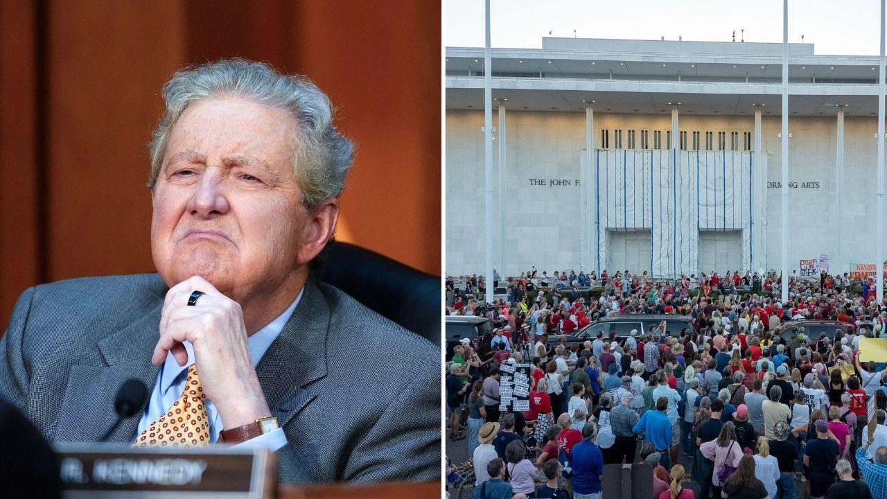 Split image of John Kennedy and the Kennedy Center