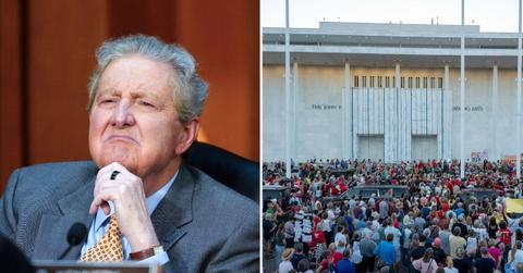 Split image of John Kennedy and the Kennedy Center