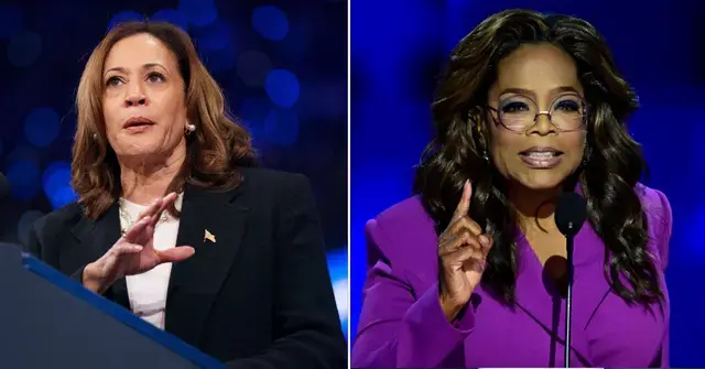 Split photo of Kamala Harris and Oprah Winfrey