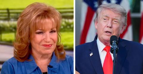 Split photo of joy behar and donald trump