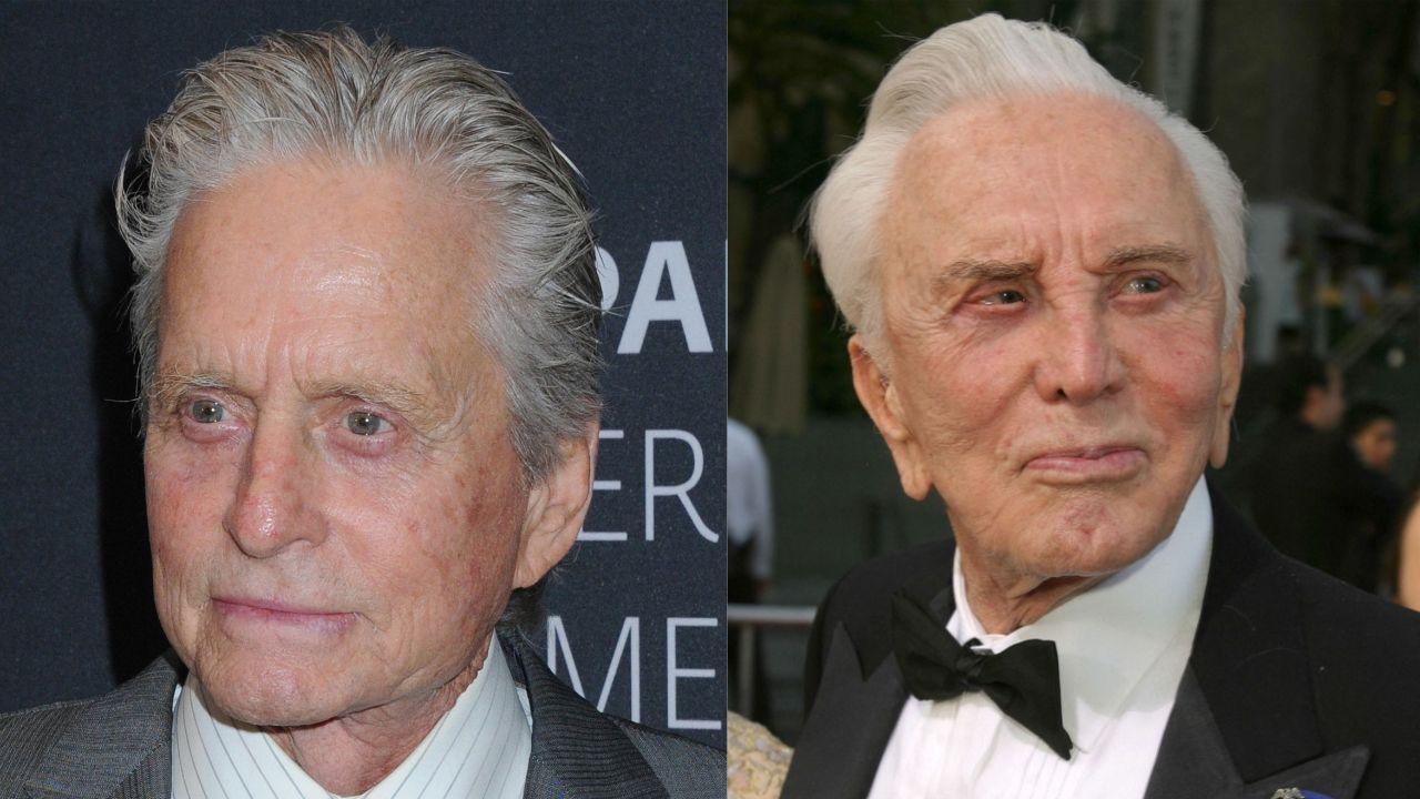 Split image of Michael Douglas and Kirk Douglas.