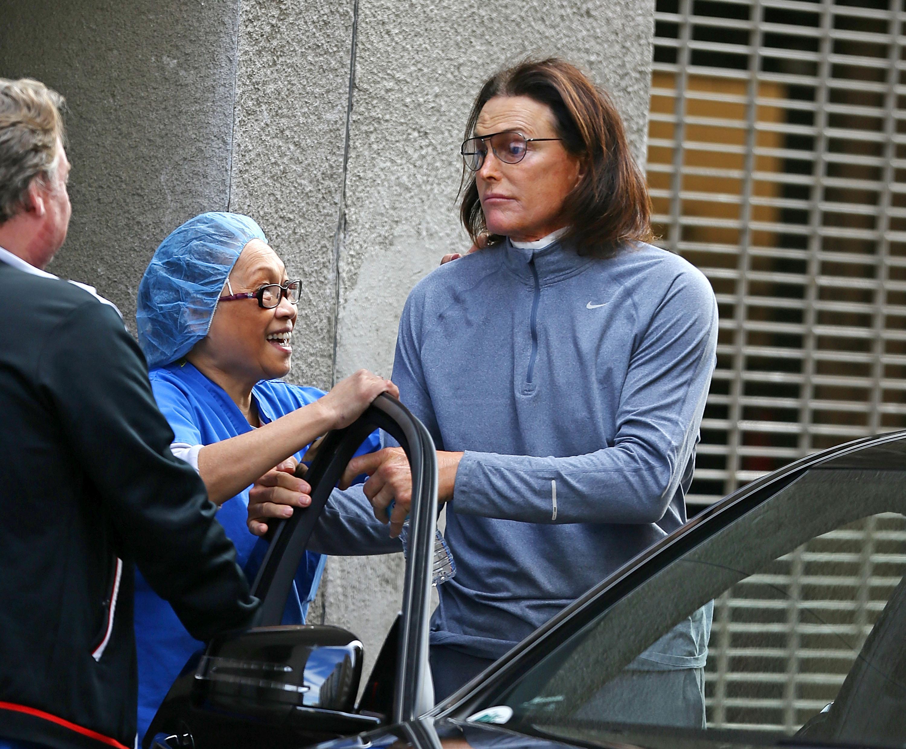 EXCLUSIVE: **PREMIUM RATES APPLY**NO USA PRINT UNTIL 8 AM PST WED FEBRUARY 5TH 2014** These are the exclusive images of Bruce Jenner leaving an LA plastic surgeons office after reportedly having a procedure to soften the appearance of his Adam&#8217;s Apple