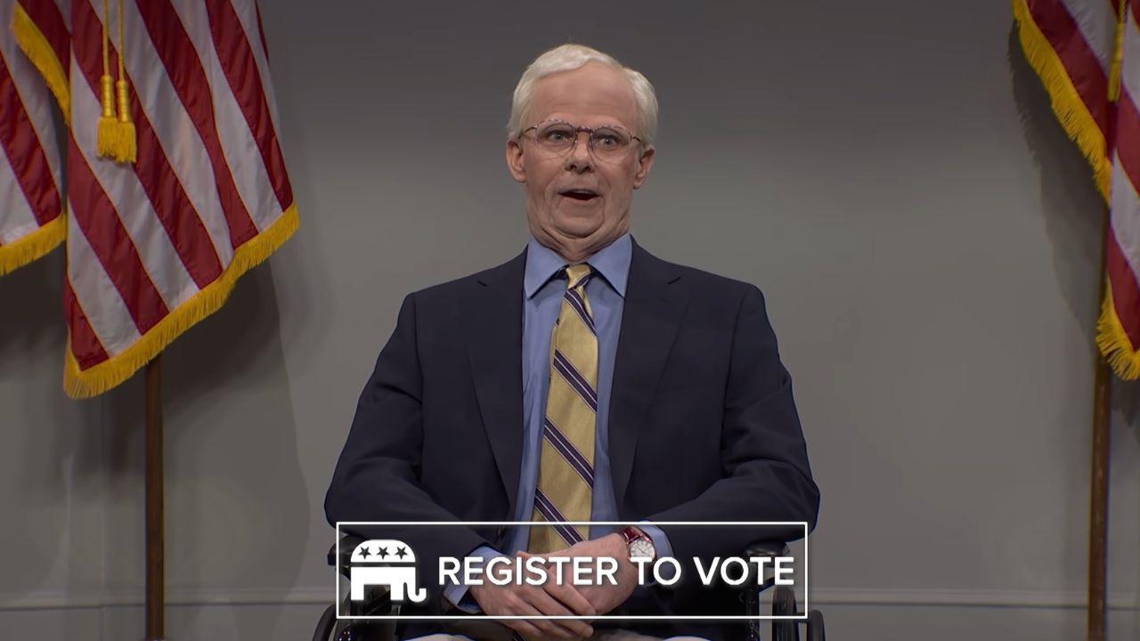 Image of Mikey Day’s Mitch McConnell struggled through a fictional Republican campaign video shoot.