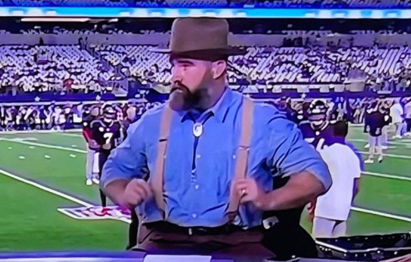 jason kelce teased wearing suspenders bolo tie football broadcast