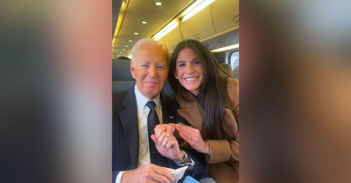 image of Joe Biden shared a friendly moment with a reporter on an Amtrak train.