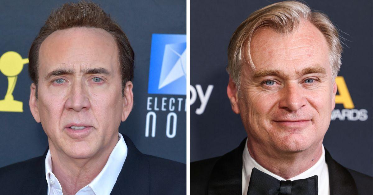 split photo of Nicolas Cage and Christopher Nolan