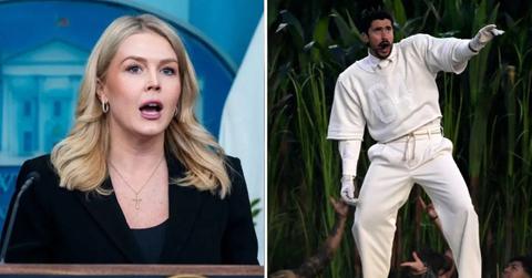 Split photo of Karoline Leavitt and Bad Bunny