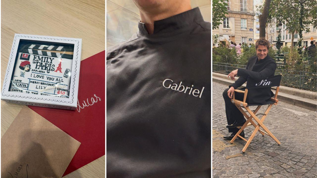 Split image of part of some of the items used on the set of  'Emily in Paris' and Lucas Bravo sitting in the director's chair.