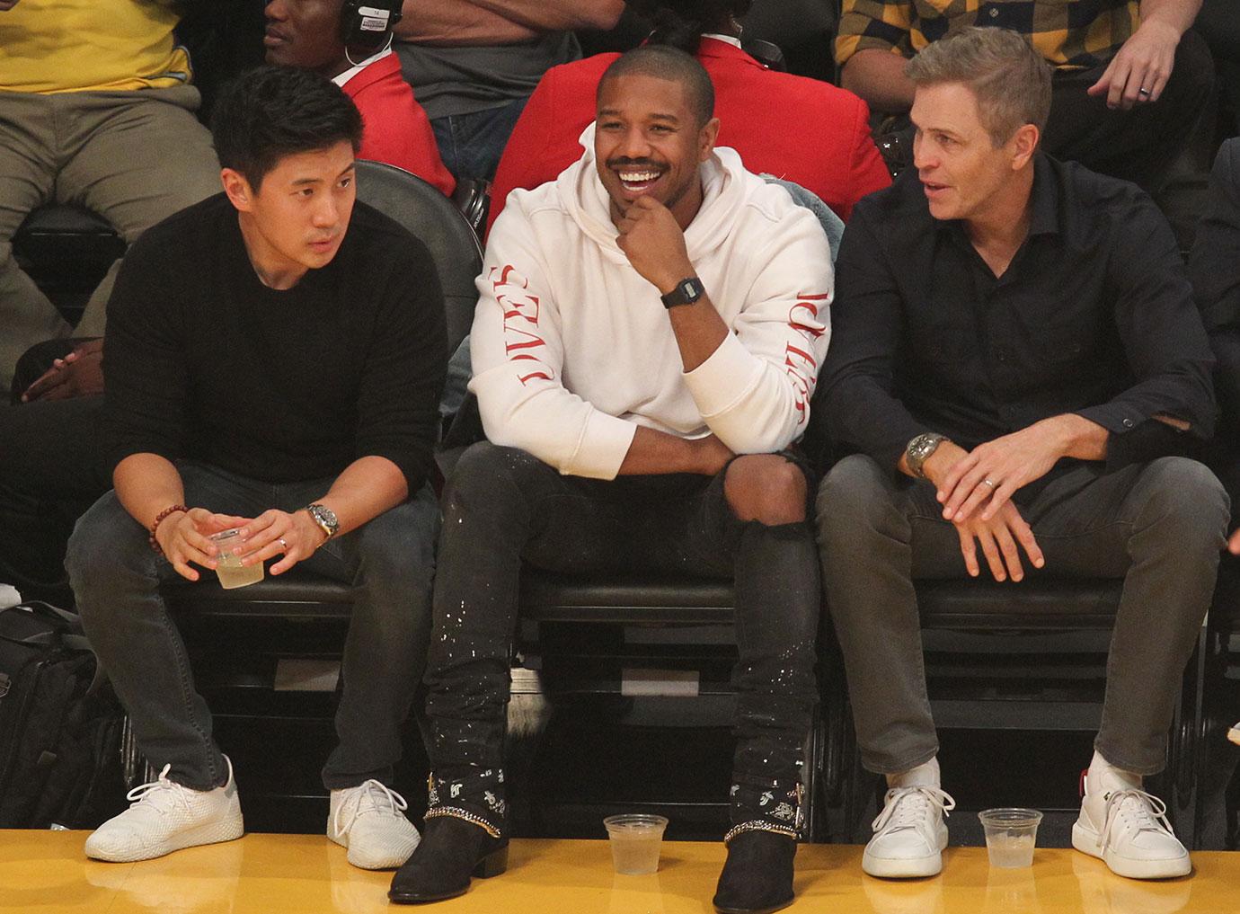 Michael B Jordan  courtside as the Los Angeles Lakers play The Denver Nuggets at The Staples Center