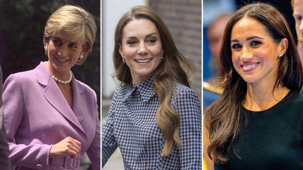 Split photo of Princess Diana, Princess Kate and Meghan Markle.