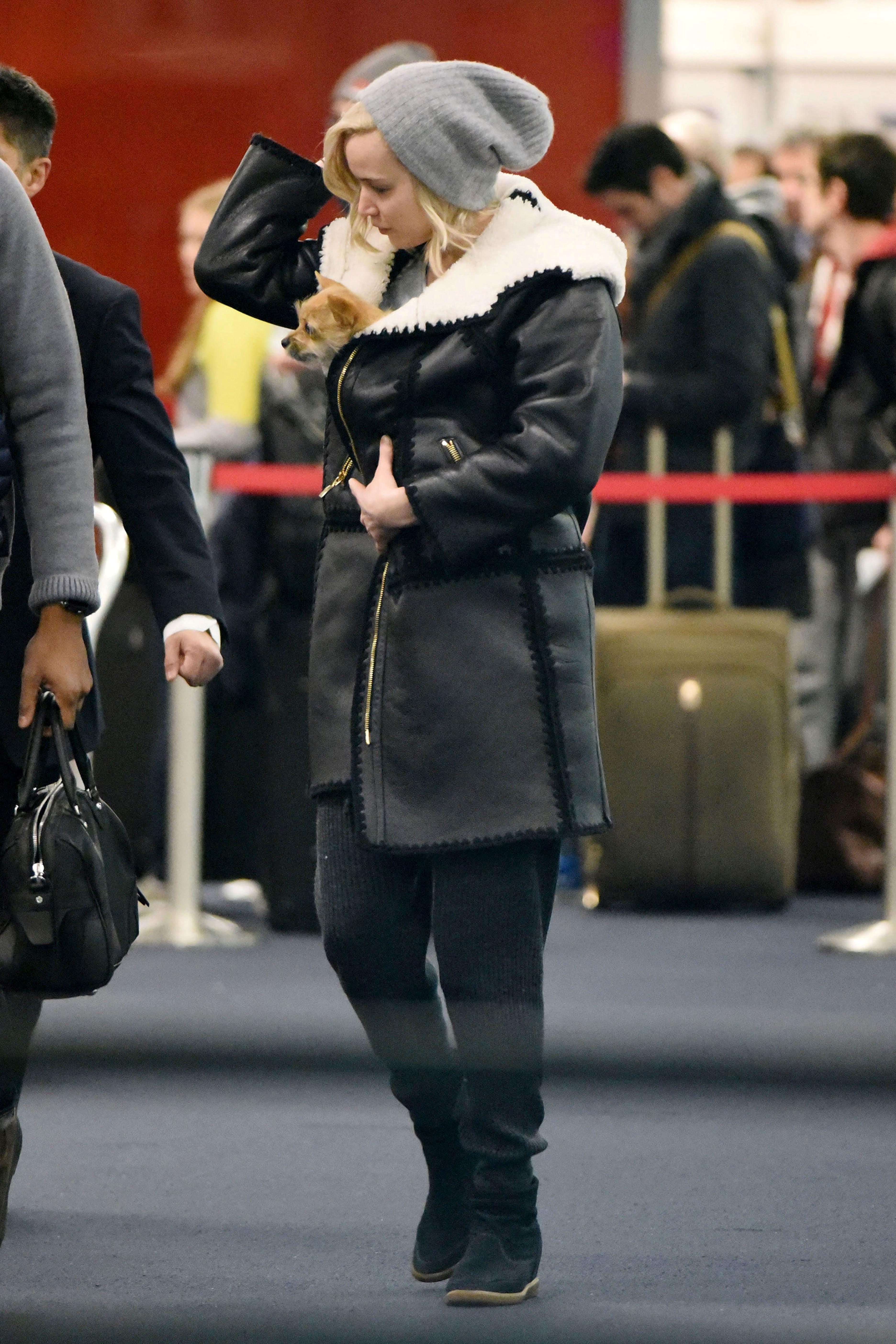 Jennifer lawrence holds dog arrive nyc airport