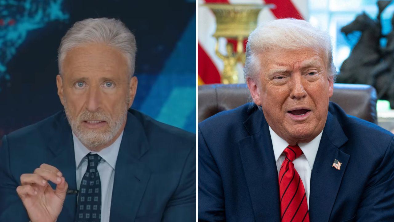Photo of Jon Stewart and Donald Trump.