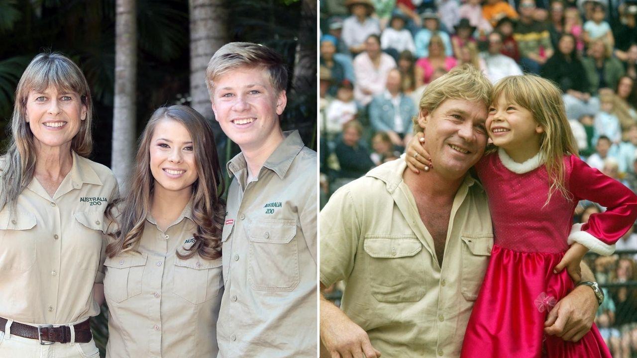 Split photo of Bindi Irwin, Robert Irwin, Terri Irwin and Steve Irwin