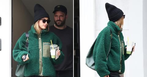 hailey bieber jansport green plush fleece jacket sandy liang los angeles