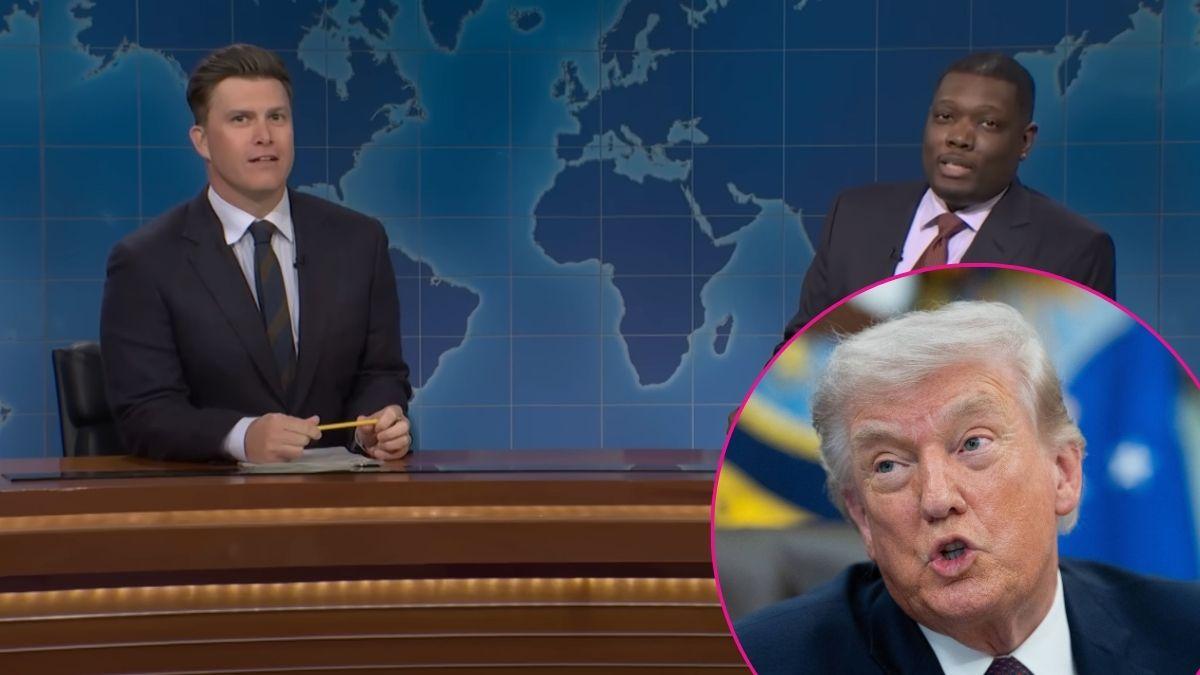 Composite photo of Colin Jost, Michael Che and Donald Trump.