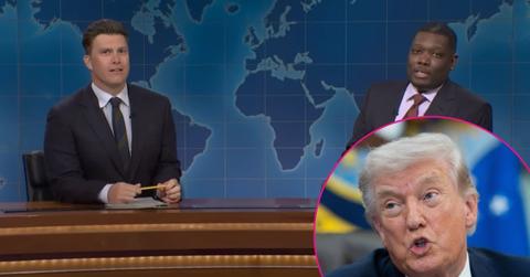 Composite photo of Colin Jost, Michael Che and Donald Trump.