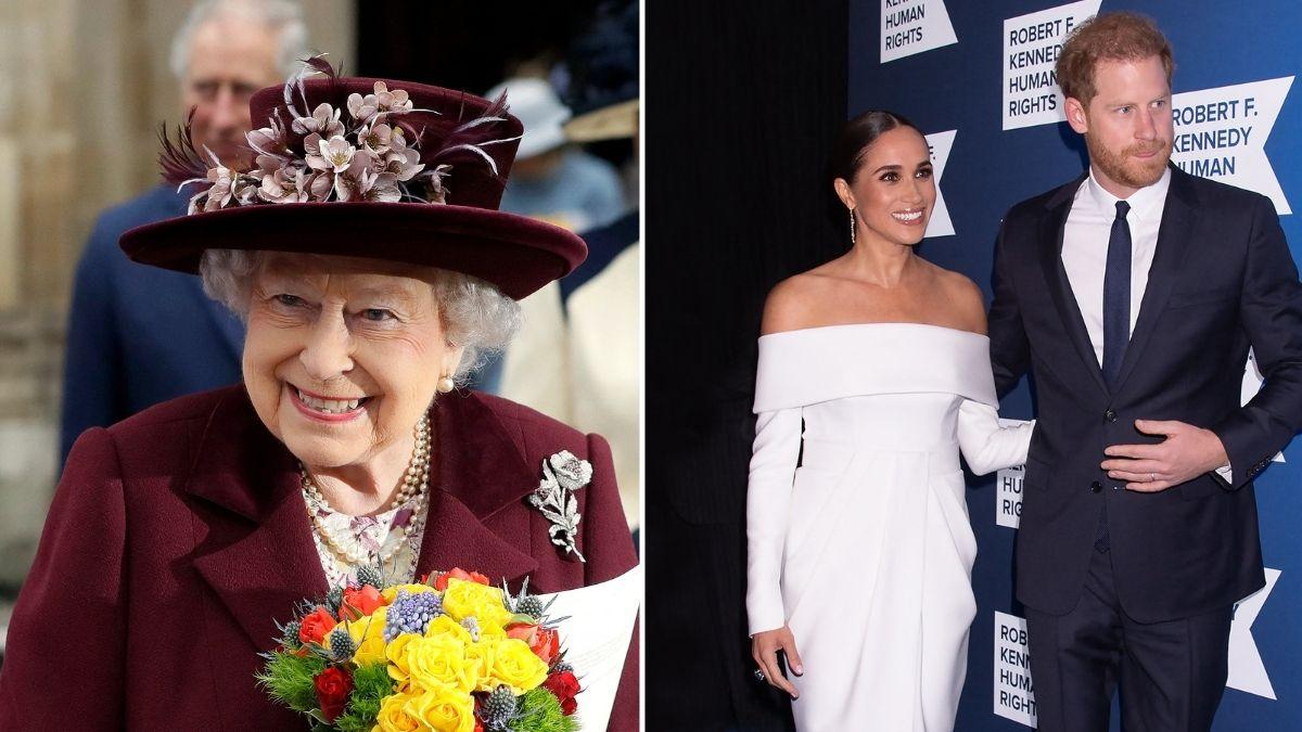 image split of queen, prince harry, meghan markle 