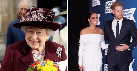 image split of queen, prince harry, meghan markle