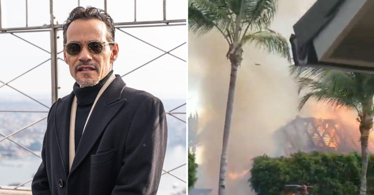 Photo of Marc Anthony and a photo of his bungalow on fire.