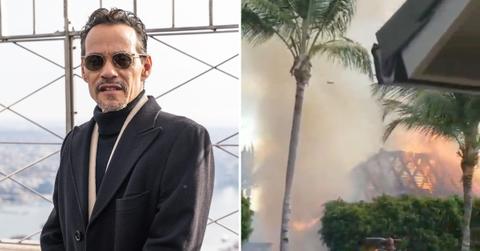 Photo of Marc Anthony and a photo of his bungalow on fire.