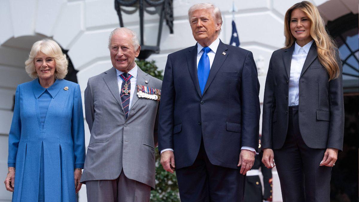 image of king Charles, queen camilla, Donald and melania trump