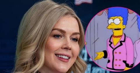 split photo of Karoline Leavitt & Marge Simpsons