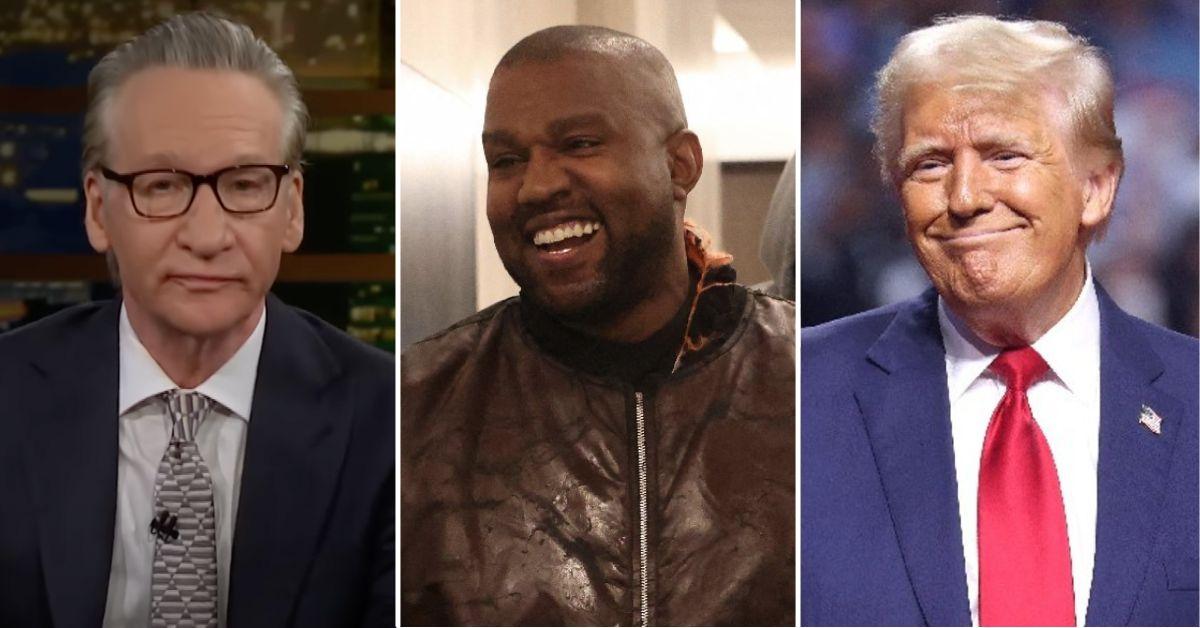 Composite photo of Bill Maher, Kanye West and Donald Trump.