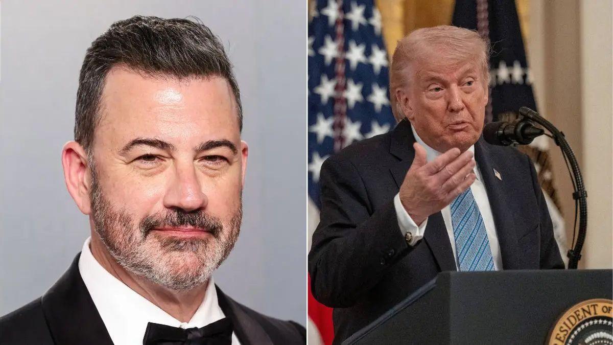 split photo of Jimmy Kimmel and Donald Trump