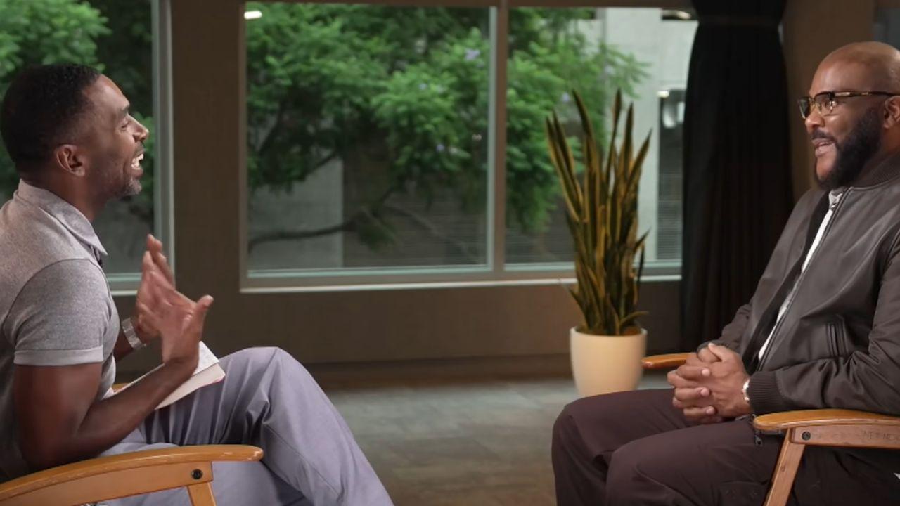 Image of Tyler Perry promoted 'Why Did I Get Married Again?' while discussing the franchise with Justin Sylvester on 'Today.'