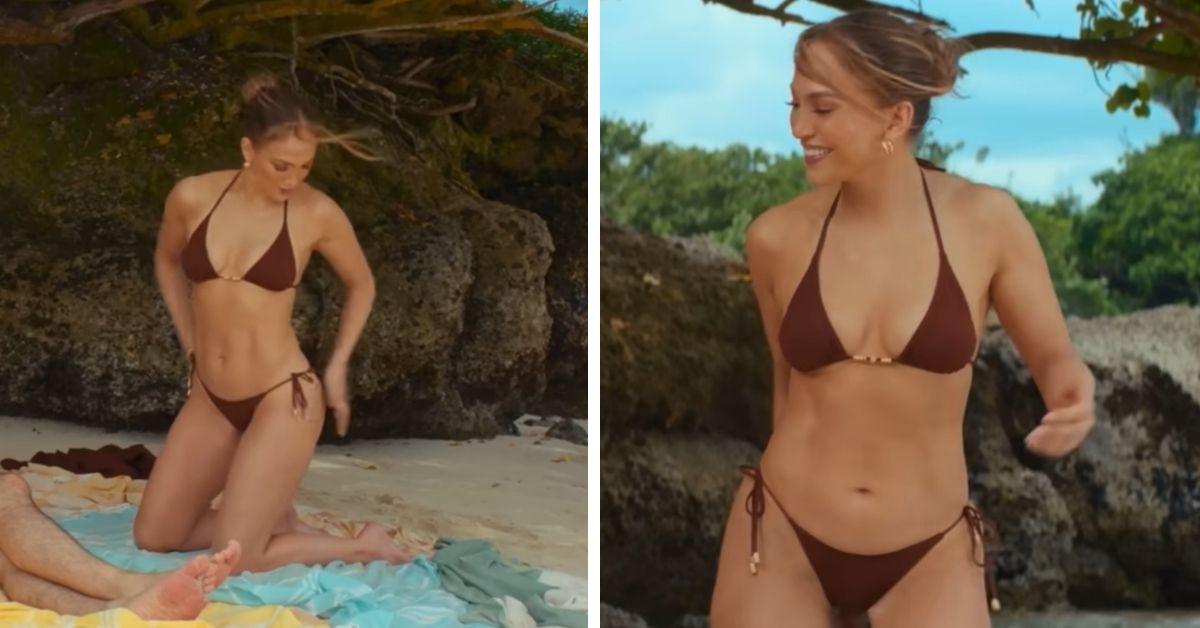 image of Jennifer Lopez filmed a beach scene for 'Office Romance' while wearing a brown string bikini.