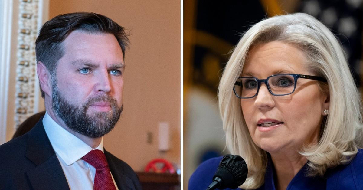 Split photo of J.D. Vance and Liz Cheney.