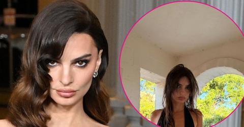 emily ratajkowski black swimwear nearly nip slip
