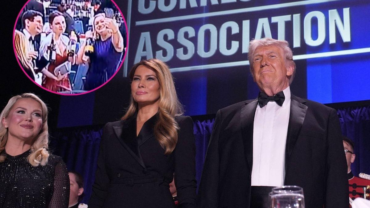 composite photo of melania trump, donald trump, karoline leavitt and guests at the White House Correspondents' Dinner 