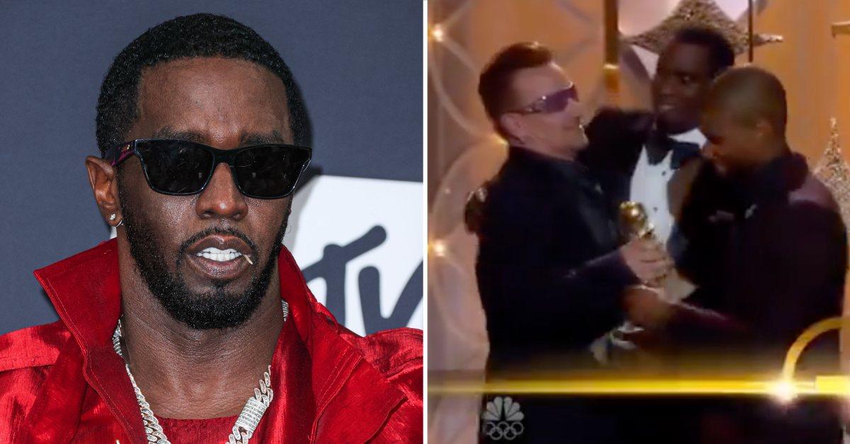 Photo of Sean 'Diddy' Combs and a screenshot of him and Bono at the 2014 Golden Globes.