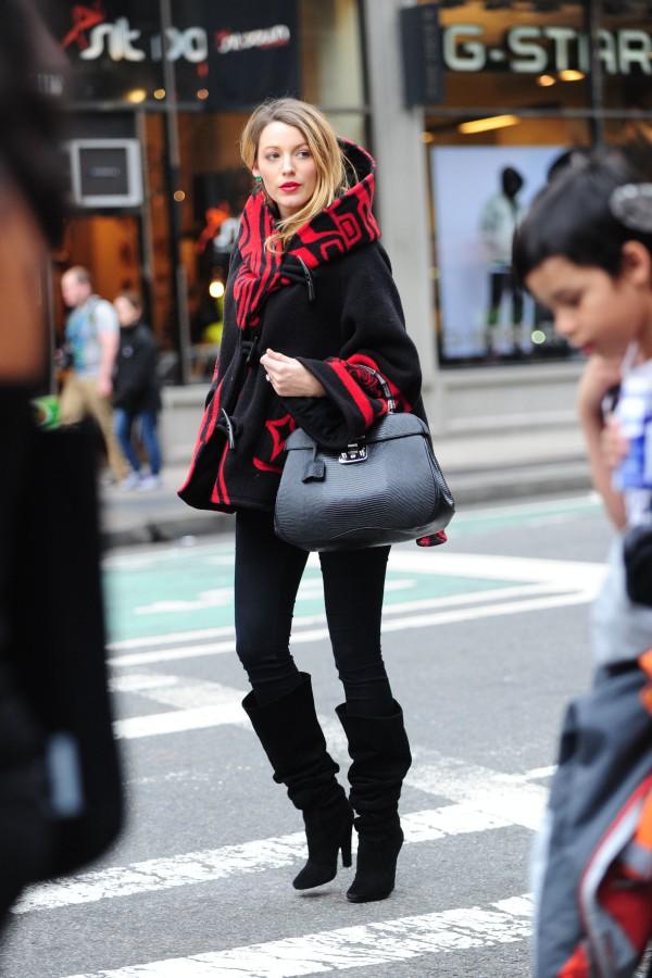 Blake Live running errands near Union Square in a Lindsay Thornburg cloak from her site Preserve.us