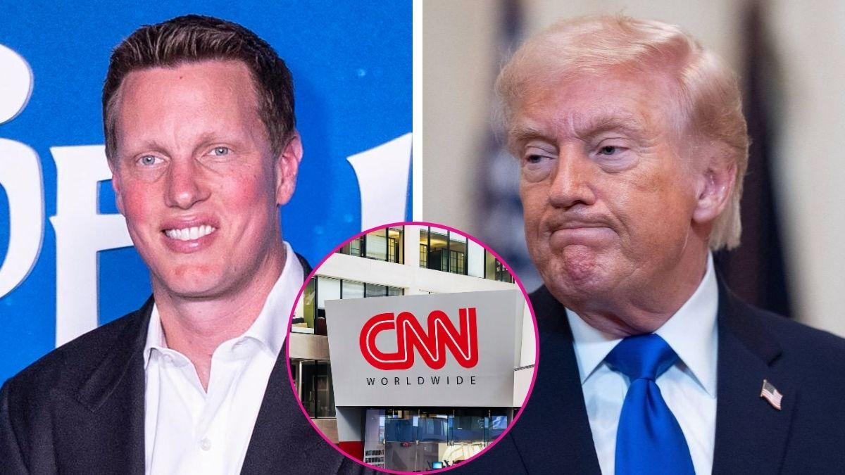 compsite photo of david ellison, donald trump and cnn's headquarters