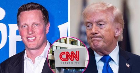 compsite photo of david ellison, donald trump and cnn's headquarters