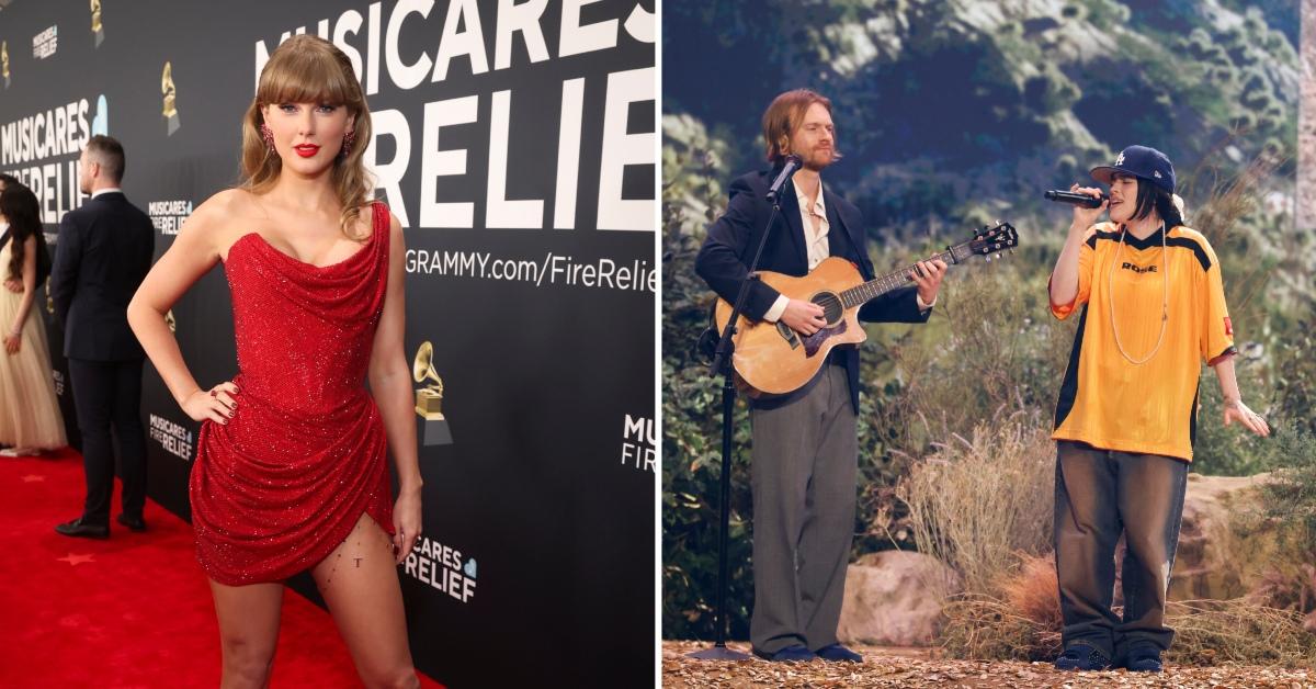 Photo of Taylor Swift and picture of Finneas with Billie Eilish at the 2025 Grammys