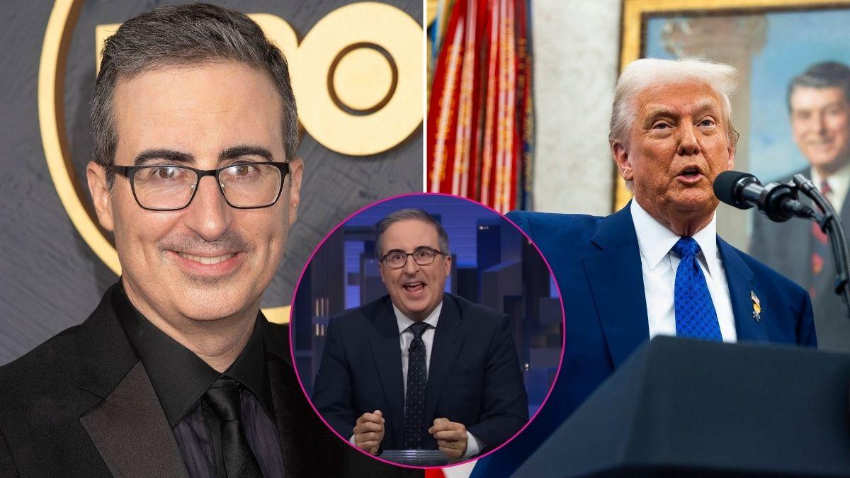 Split photo of John Oliver and Donald Trump